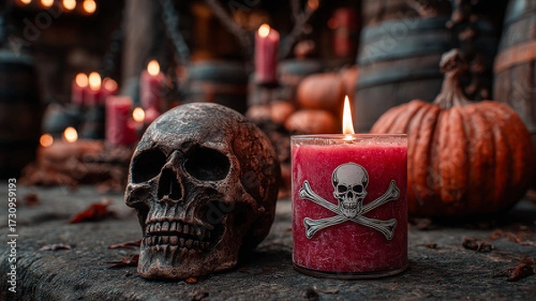Fototapeta Spooky candles and skull decor. A detailed Halloween scene features a skull and a candle with a skull design, set among pumpkins and candles.