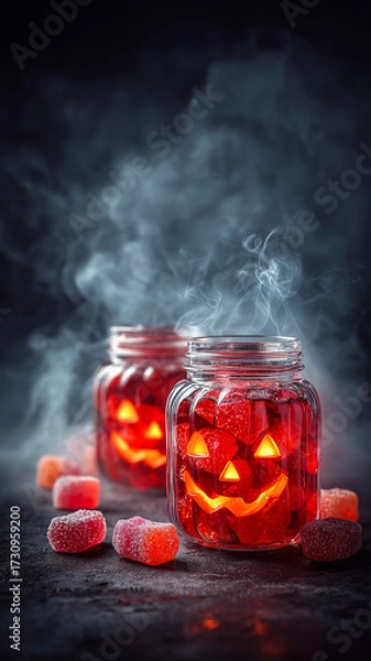 Fototapeta Spooky jar drinks with smoke. Two jars filled with red liquid and glowing jack-o'-lanterns are surrounded by colorful candies.