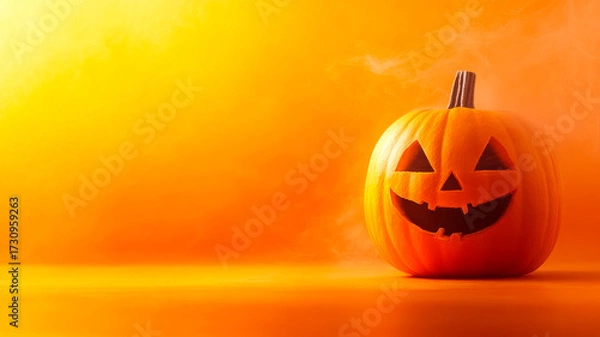 Fototapeta Smiling pumpkin with autumn colors. A bright orange pumpkin with a carved smiling face sits against a warm background, celebrating Halloween festivities.