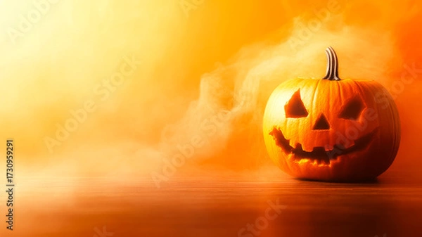 Fototapeta Halloween pumpkin with glowing smile. A carved pumpkin sits on a wooden surface surrounded by mist, glowing softly in warm orange light.