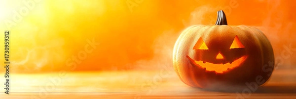 Fototapeta Glowing pumpkin for Halloween. A carved pumpkin smiles in bright light, signaling the spirit of Halloween with fog in the background.