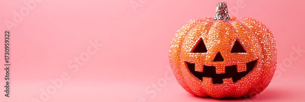 Fototapeta Pink backdrop with pumpkin. A bright orange pumpkin, covered in sparkling gems, sits against a pink backdrop, ready for Halloween celebrations.