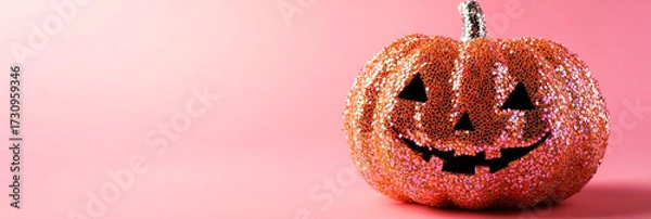 Fototapeta Sparkling pumpkin festival decor. A shiny orange pumpkin with a smile sits on a pink background, ideal for Halloween and autumn decor.