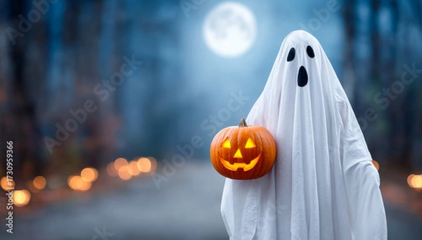 Fototapeta Ghost with pumpkin at night. A ghostly figure stands in the dark forest holding a glowing jack-o'-lantern under the full moon's light.