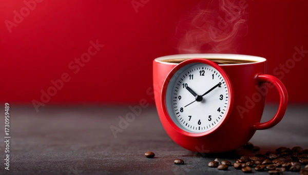 Fototapeta Creative coffee mug with clock design. A bright red coffee mug with a clock face shows steam rising from the hot beverage inside. Coffee beans surround it.
