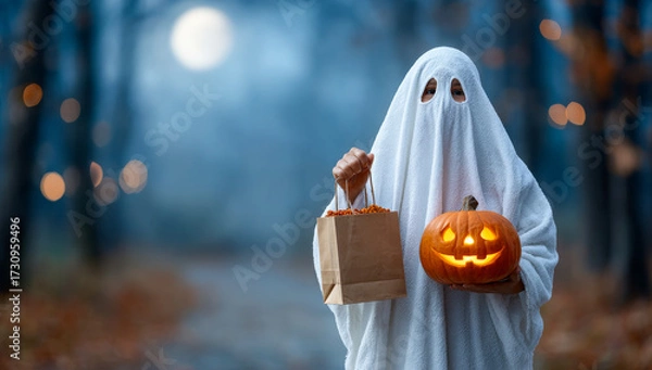 Fototapeta Ghosts, treats, and pumpkins!. A ghostly figure in a white sheet holds a bag of candy and a carved pumpkin on a spooky Halloween night.