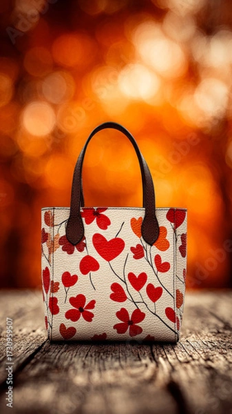 Fototapeta Stylish handbag with floral design. A handbag with a colorful floral pattern rests on a wooden surface, surrounded by warm autumn tones in the background.