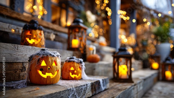 Fototapeta Halloween pumpkin decor on steps. Carved pumpkins with smiling faces glow softly on steps, surrounded by lanterns and festive decorations for Halloween.