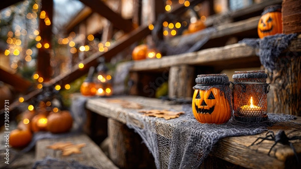 Fototapeta Halloween decor brightens steps. Jack-o'-lanterns and lanterns adorn wooden steps, creating a spooky atmosphere for Halloween festivities at dusk.