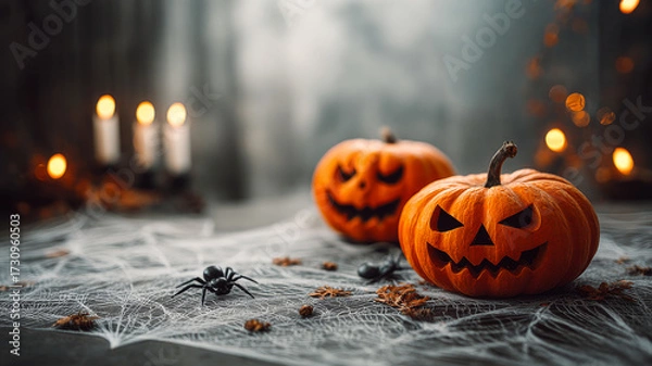 Fototapeta Pumpkins and candles set Halloween. Two carved pumpkins sit on a web-covered table with candles and decorative spiders, setting a spooky Halloween scene.