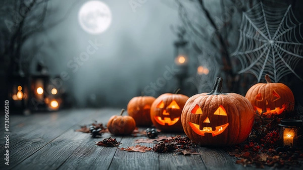 Fototapeta Spooky Halloween pumpkins at night. Jack-o'-lanterns glow with eerie faces amidst autumn leaves and spider webs under a full moon at night.