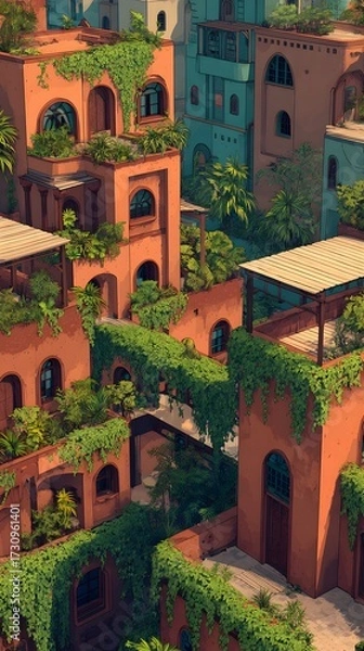 Obraz Green Vines Hanging on Futuristic Desert Buildings

