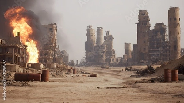 Obraz Destroyed Urban Landscape in Desert Conflict


