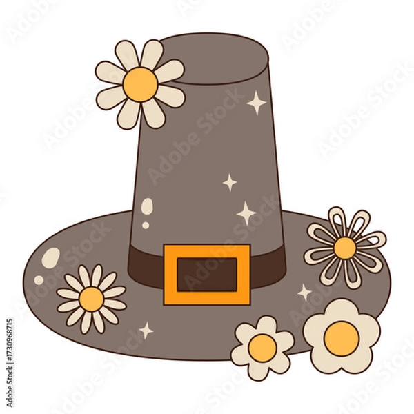 Fototapeta Groovy Thanksgiving Day hat. Happy Thanksgiving Cute Element. Thanksgiving hat with flower Vector Illustration