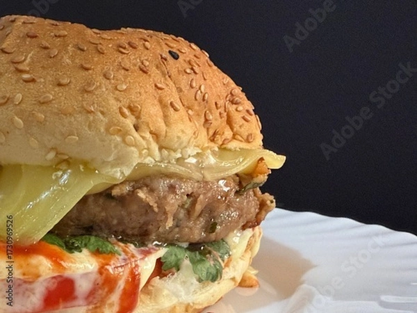 Fototapeta A large cheeseburger with tomatoes and greens on a white plate. Delicious, nutritious, and quick food.