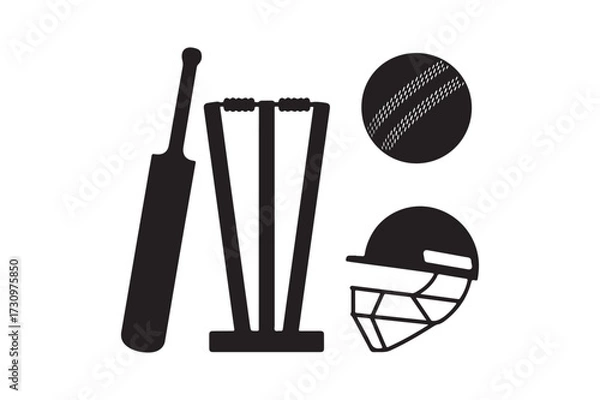 Obraz Cricket equipment silhouette icons bat ball wicket and helmet