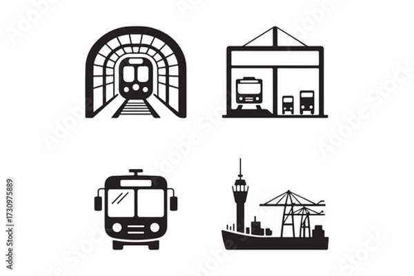 Obraz Set of four black and white transportation icons including a train bus and ship