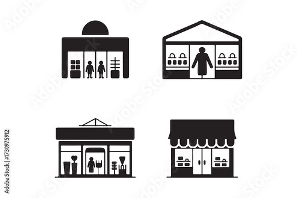 Obraz Collection of stylized black and white storefront icons representing different businesses