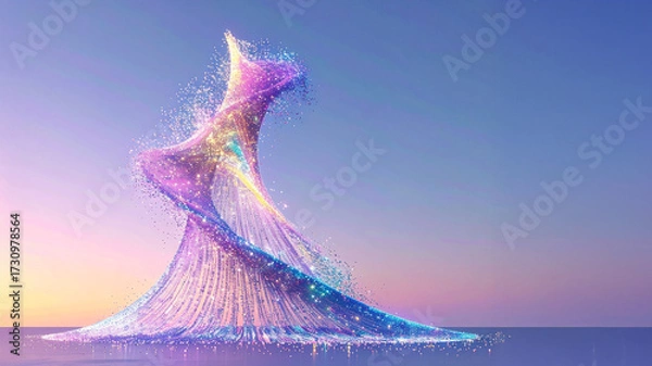 Fototapeta Vibrant swirling abstract structure of glowing particles against a gradient sky. AI-generated digital art depicting data flow, network connection, and technological advancement. Dynamic growth visual.