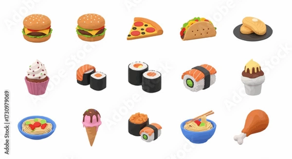 Fototapeta A delightful collection of assorted miniature food items featuring popular fast food dishes and desserts perfect for collection or display