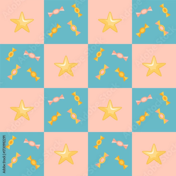 Fototapeta Seamless checkered pattern with yellow stars and candies on pink and blue squares, perfect for festive decor, wrapping, and textiles.