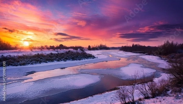 Obraz Frozen River At Sunset With Purple And Yellow Sky