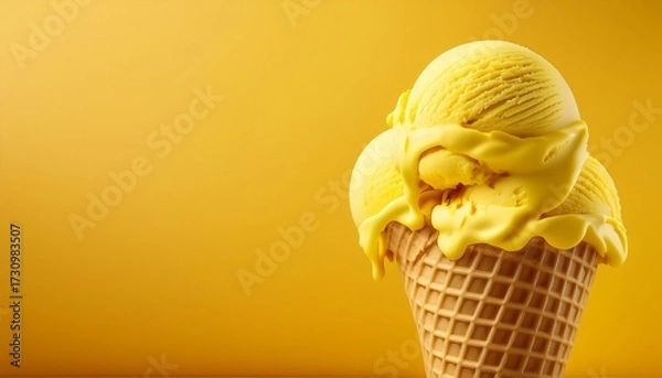 Obraz Delicious Yellow Ice Cream Scoops In Waffle Cones Against A Bright Yellow Background Perfect For Summer Treats And Desserts