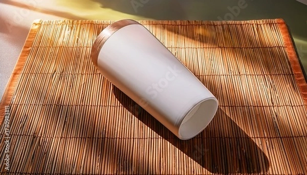 Obraz Matte White Tumbler On Bamboo Placemat With Sunlight Stripes