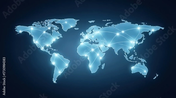 Obraz Digital world map with interconnected lines representing global connectivity.
