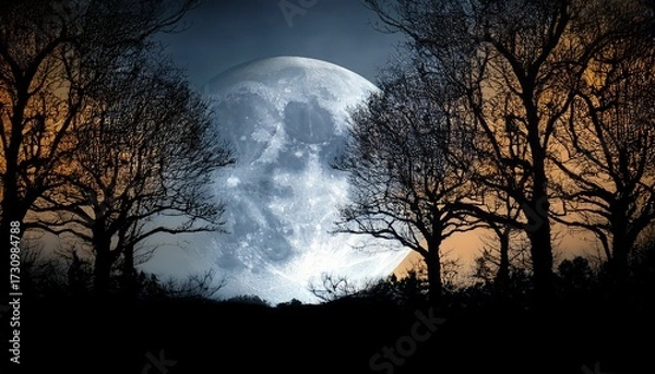 Obraz Night Moon Trees Dark Sky Full Moon Moonlight Branches Spooky Halloween Eerie Celestial Nature Mystic 100Charact