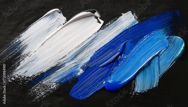 Obraz Abstract Acrylic Background With White And Blue Brush Strokes On Black Paper