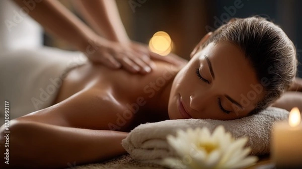 Obraz Relaxed woman enjoying a soothing massage in a tranquil setting.
