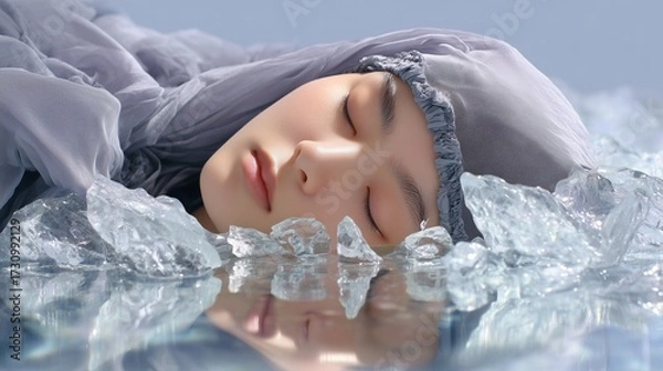 Obraz A serene Asian woman resting on ice, surrounded by crystal-like fragments.