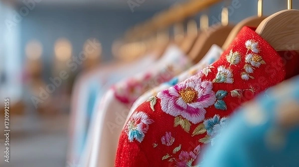 Obraz Colorful embroidered garments hanging in a boutique display.