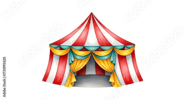 Fototapeta Red and White Striped Circus Tent with Yellow and Teal Drapes on a Transparent Background graphic design Cutout PNG isolated on a transparent background