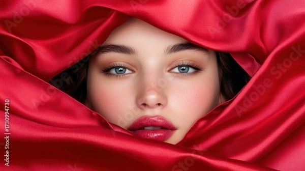 Fototapeta Sophisticated female portrait with a backdrop of rich red silk fabric, delicate folds and luminous texture, soft glow enhancing cinematic mood, creating depth and luxurious visual harmony.