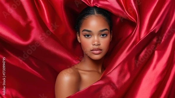 Fototapeta Elegant portrait of a woman against deep red silk fabric, soft folds and shimmering texture creating a sense of luxury, cinematic glow with dramatic depth and refined atmosphere.