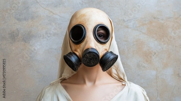 Fototapeta Artistic close-up of a man in a weathered gas mask, dusty textures with dystopian muted tones, cinematic realism, sharp detail, and dark shadow contrasts.
