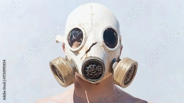 Fototapeta Moody portrait of a man with a battered gas mask, textured dusty background, dystopian muted palette, realistic rendering, and haunting deep shadows.