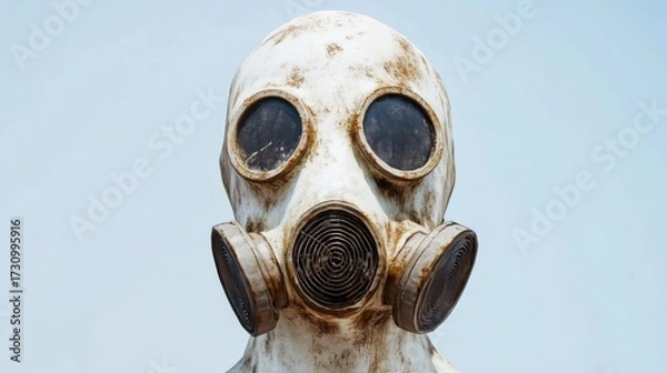 Fototapeta Surreal portrait of a man wearing a worn gas mask, dusty textures and muted dystopian tones, dramatic lighting, deep shadows highlighting realism and tension.
