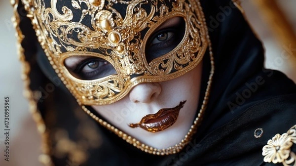Fototapeta Artistic portrait of a man wearing an ornate golden Venetian mask, highlighted by soft cinematic lighting, deep contrasts, and an atmosphere of mystery and sophistication.