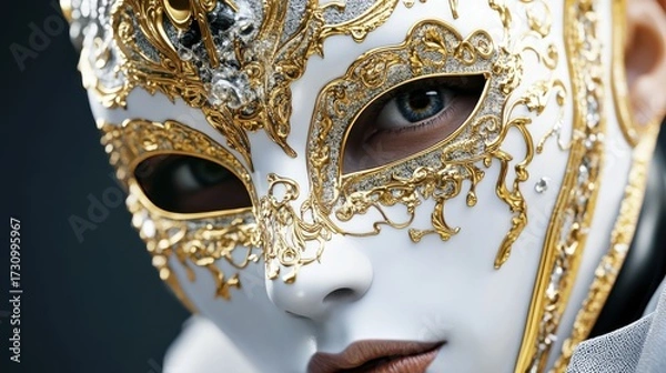 Fototapeta Elegant portrait of a man in a Venetian mask with golden embellishments, dramatic shadows and cinematic light, creating a mysterious and luxurious atmosphere.