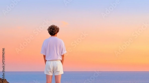 Fototapeta Man gazing at ocean waves during sunset, sky painted in orange and pink hues, serene breeze and reflective mood.