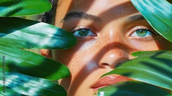 Fototapeta Stylish man’s portrait in tropical jungle, palm leaves casting light and shadow, cinematic perspective, vivid natural tones and hyperrealistic depth.