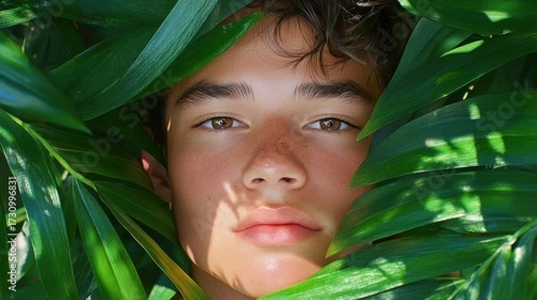 Fototapeta Portrait of a man among tropical plants, sunlight streaming through palm leaves, lush greenery, cinematic framing, hyperrealistic details and vibrant atmosphere.