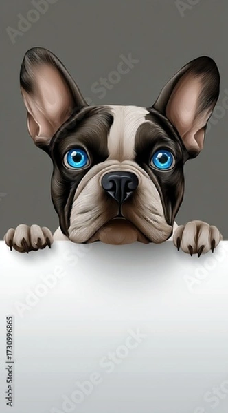 Fototapeta Un chien de race bouledogue français adorable avec des yeux bleus regardant au dessus d'un mur blanc, illustration avec espace pour texte, idéale pour message publicitaire.