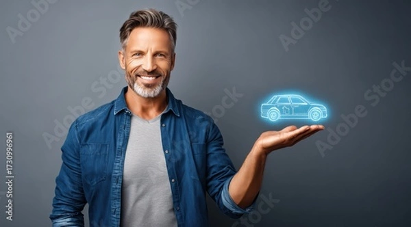 Fototapeta Un homme barbu d'une quarantaine d'années, souriant, la main ouverte avec un icône de voiture holographique bleu, fond isolé gris, concept de confiance et positivité.