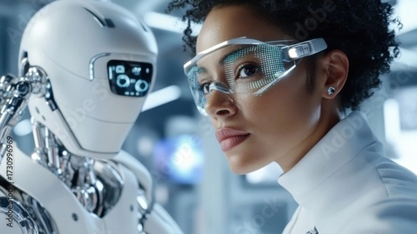 Fototapeta Portrait of a scientist analyzing data alongside an AI robot, neon blue lighting, glowing holographic panels, futuristic textures, cinematic perspective, ultra-realistic atmosphere.