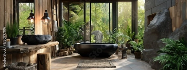 Fototapeta Une salle de bain de style ancien avec une grande fenêtre donnant sur la nature, comprenant une baignoire noire, des plantes vertes, dans une ambiance de bois et de pierres, vue panoramique.