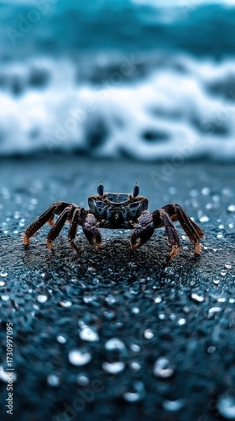 Fototapeta Un crabe rampant sur le sable noir, entouré de gouttelettes d'eau, arrière-plan présentant l'océan avec des tons bleu foncé et des vagues et de l'écume floue.